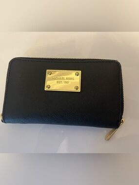 Michael Kors Black Saffiano Zip Wallet with Gold Plaque